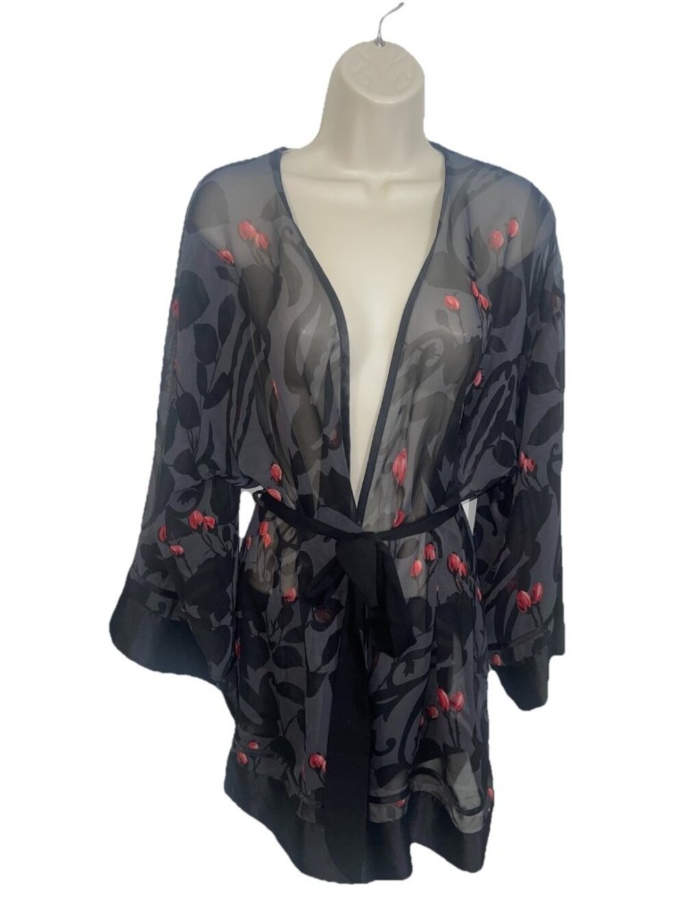 VICTORIAS SECRET 90s Vintage Glam Floral Kimono Belted Robe Sheer Black Floral